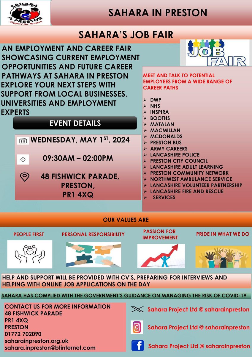 Employment & career fair showcasing current employment opportunities and future career pathways at Sahara in Preston. Explore your next steps with support from local businesses, universities & employment experts.
Wed 1st May
9.30am-2pm
@saharainpreston