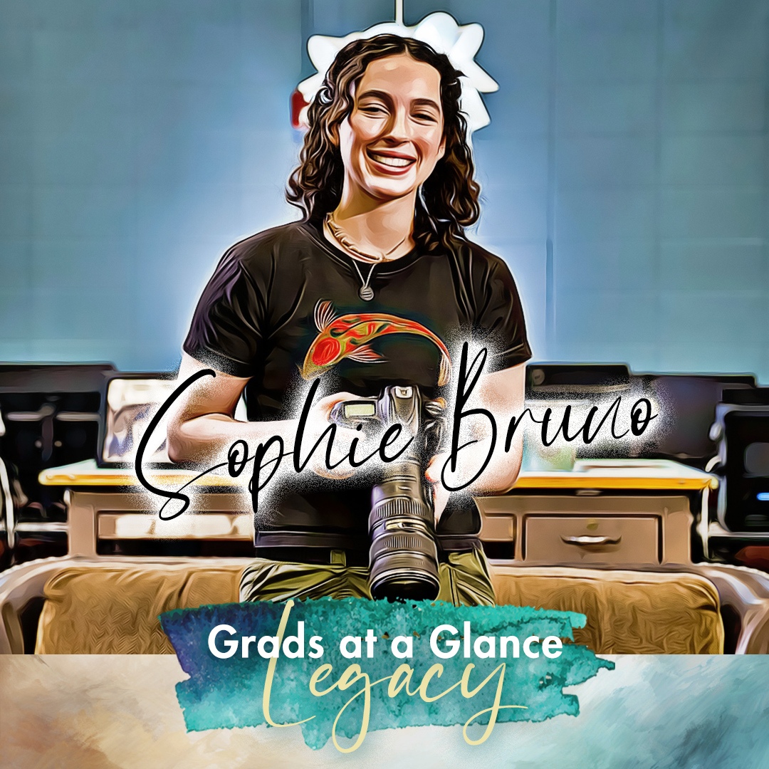A portrait of Rocky Mountain High School senior Sophie Bruno. She is standing in Rocky's video room. The photo is edited to look like a painted portrait. Her name is in the middle of the photo in cursive, like a signature, and below is a watercolor design as the background for the following text. Text: Grads at a Glance Legacy.