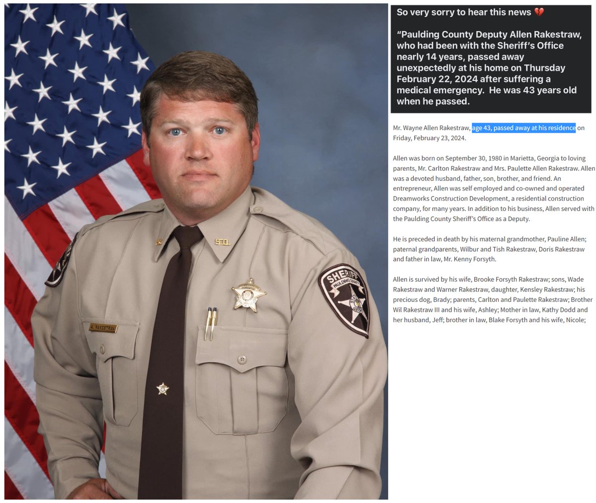 Dallas, GA - 43 year old Paulding County Sheriff's Deputy Wayne Allen Rakestraw died unexpectedly at his home on Feb.22, 2024, after 'suffering a medical emergency' COVID-19 mRNA Vaccine Mandated sudden deaths are at an all time high and rising #DiedSuddenly
