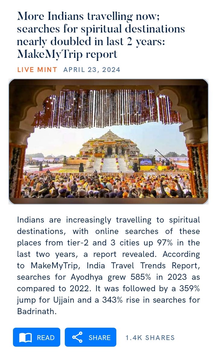 #religioustourism #makeMyTrip 

More Indians travelling now; searches for #spiritualdestinations nearly doubled in last 2 years: MakeMyTrip report

livemint.com/news/india/mor…