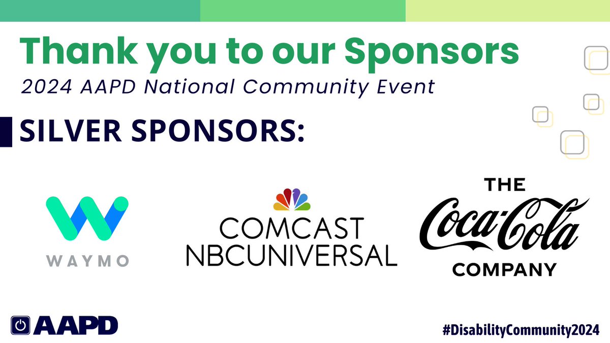 We are grateful to our Silver Level sponsors @Comcast @NBCUniversal @CocaCola @Waymo for supporting the #AAPD 2024 National Community Event. Thank you for helping us celebrate and advance disability advocacy! #DisabilityCommunity2024