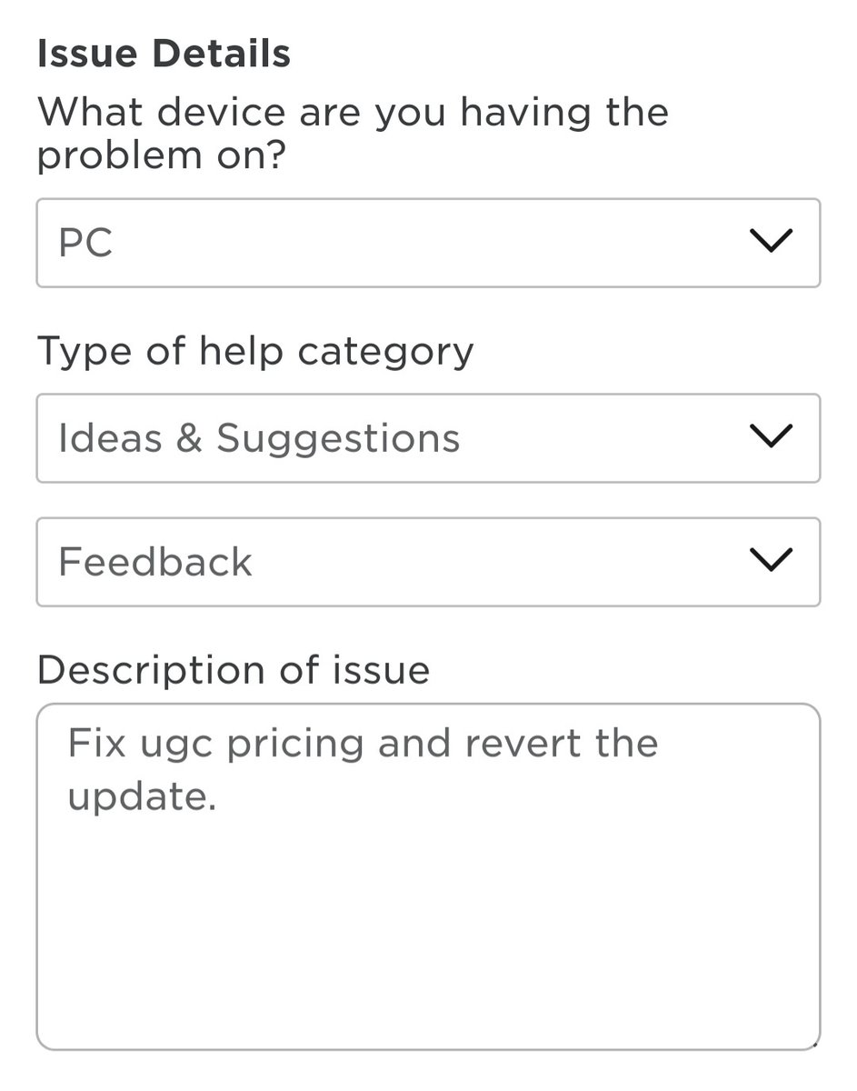 UGC update is out and this is our only solution to revert it.

Roblox support has a feedback feature, and if enough people report this, IT WILL HAVE TO BE SEEN BY ROBLOX.

Send in as many requests as possible.

Please like, RT, and reply to spread what may be our last solution...