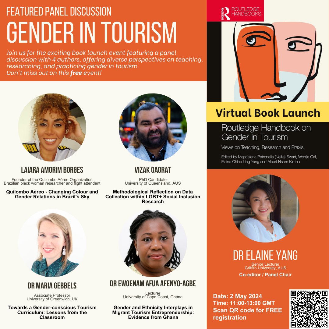 Join the virtual book launch of 'The Routledge Handbook on Gender in Tourism' on May 2, 2024! Register free: eventbrite.co.uk/e/856026918557 & explore the book: routledge.com/9781032261348 📚🗓️