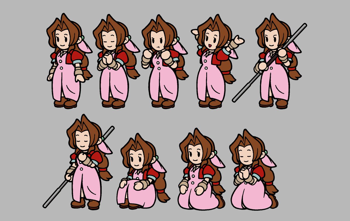 paper aerith poses, i know what it looks like but she had like 4 planned poses (fewer than cloud) but i just got more and more ideas so now she has 8