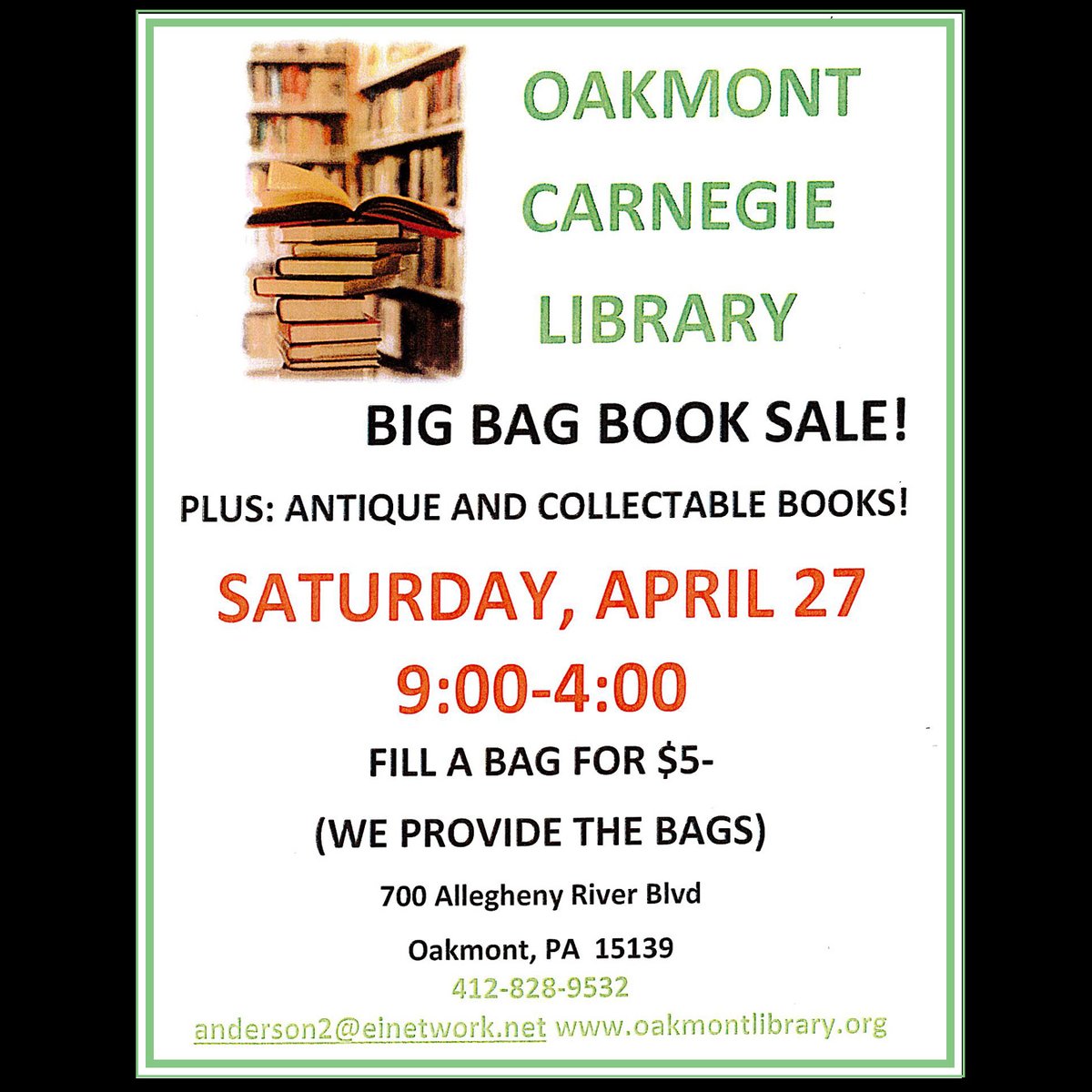 Big Bag Book Sale
Saturday, April 27, 2024, 9:00am - 4:00pm 
Join us at the library for our twice annual Big Bag Booksale in the Squirrel's Nest!

Fill a bag for only $5 - bags will be provided.  

Come check out what we have to offer.  All proceeds benefit the Oakmont Library.