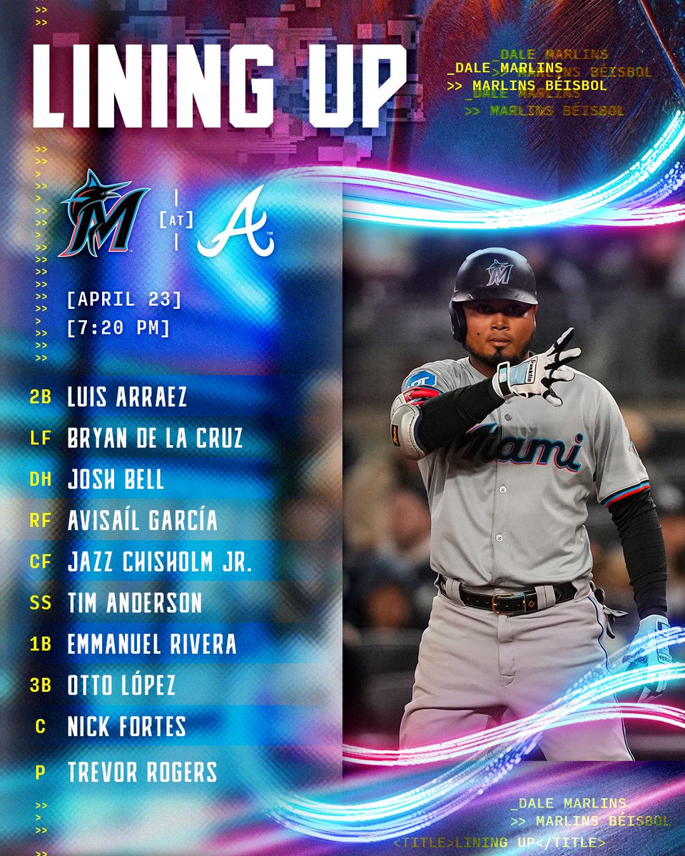 Lineup. 📺:@BallySportsFL (SUN) 👂:@MarlinsRadio, @FoxSports940 ⏰: 7:20PM ET #MarlinsBeisbol