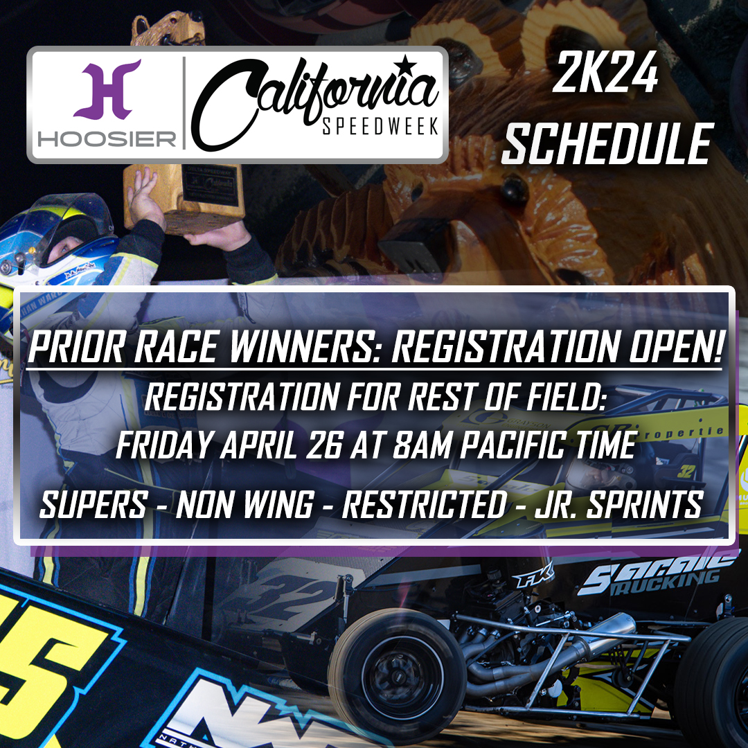 CASpeedweek's tweet photo. 2024 Hoosier Tire California Speedweek registration is OPEN for prior race winners and champions of the series at: https://t.co/w79ElLlrpR 

Registration for all other competitors fires off Friday morning April 26th at 8am Pacific Time. Let's go racing! https://t.co/3xto4540dD