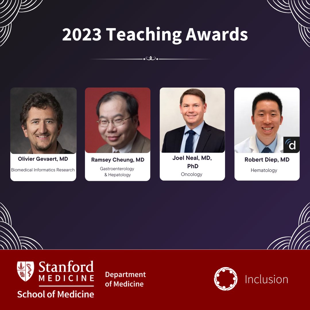 StanfordDeptMed's tweet photo. We're proud to share the full list of 2023 Teaching Awardees from #StanDoM!
Each year, these awards honor educators across the department's divisions for their outstanding dedication, commitment, & expertise in #medicaleducation: https://t.co/4jkZEpefMJ https://t.co/fGUhnxkKKm