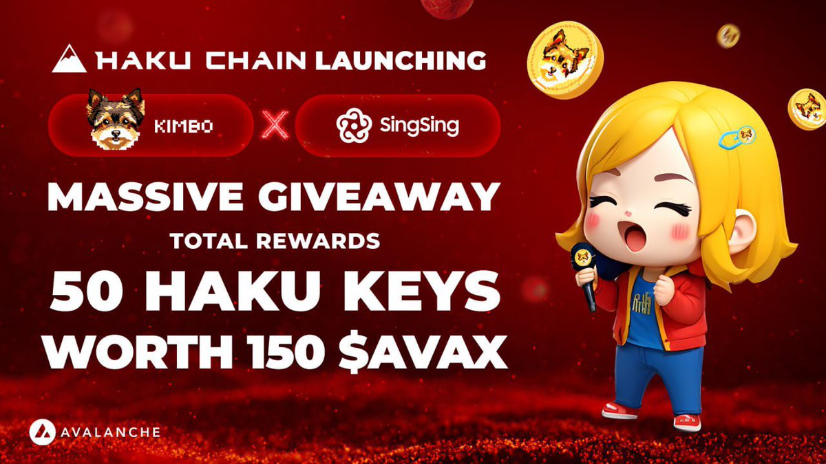 SingSing is conducting an airdrop of their Haku Key to $KIMBO holders! To participate: 🐾 Like and Retweet 🐾 Follow @singsingglobal 🐾 Join SingSing's Telegram group at: t.me/singsingglobal 🐾 Share your Avalanche Wallet Address in the comments Timeline: Apr 23rd - Apr