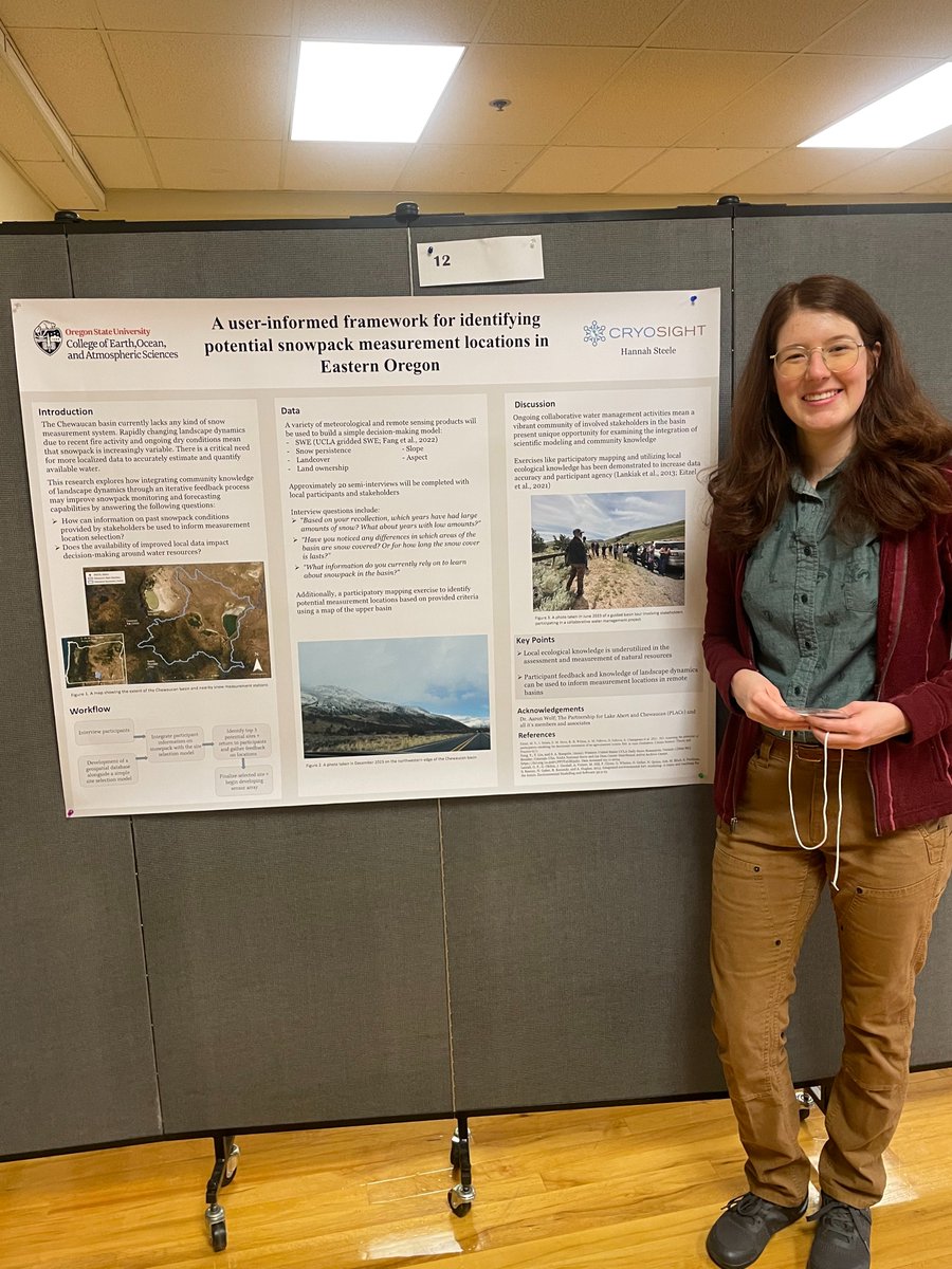 Cryosight_osu's tweet photo. While attending WSC, stop by poster booths 16, 17, and 12 to chat about machine learning, data assimilation, and user-informed snowpack measurement with Baird Quinn, Bareera Mirza, and Hannah Steel respectively.❄️🛰️🏔️
#WSCSpotlight #Snowscience @OSUCEOAS #NASA https://t.co/kAPj3pwkeD