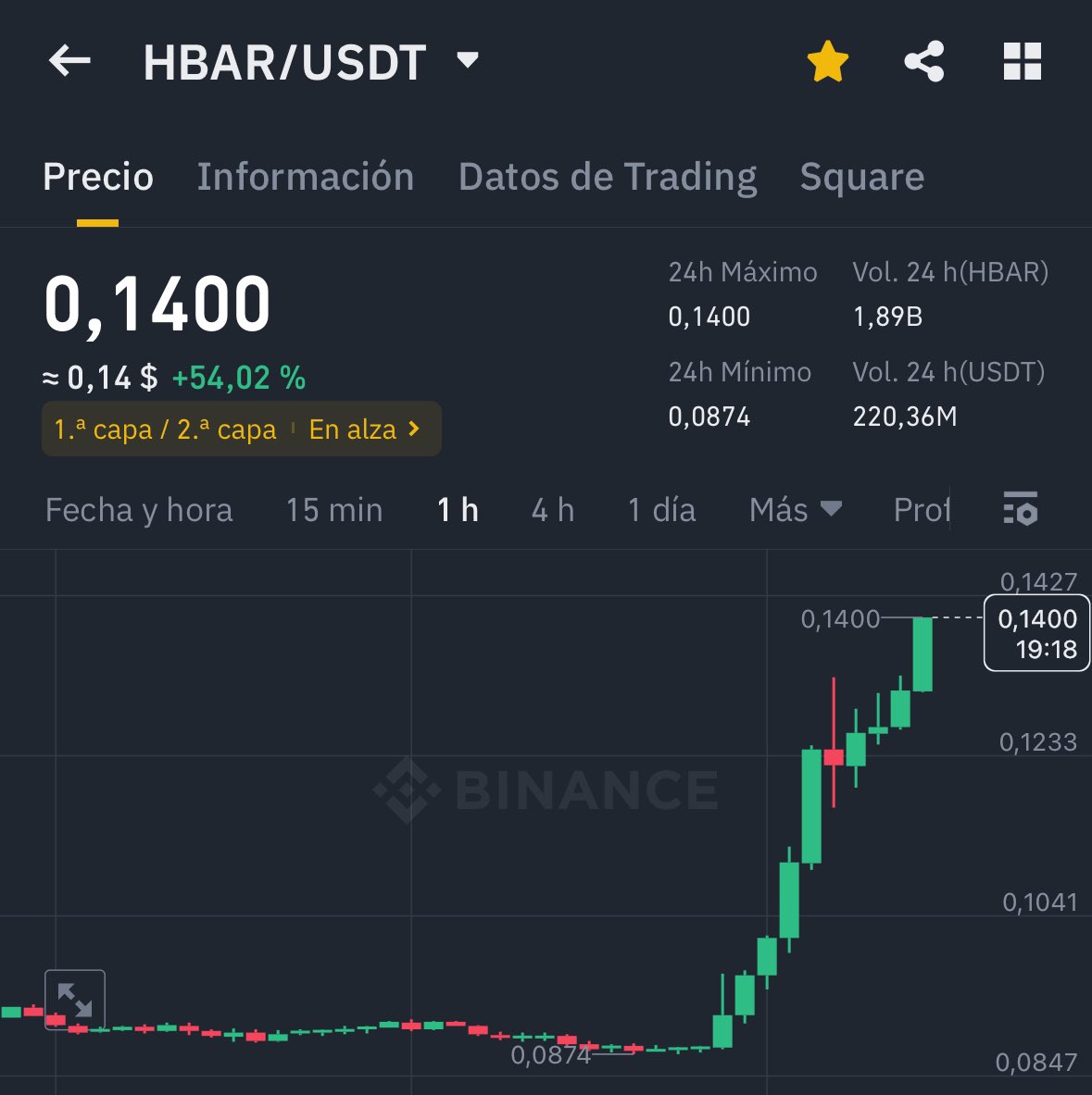 🔥BREAKING: #Hedera continúa subiendo después de su anuncio con BlackRock 👀🚀 Tocando los 14 céntimos tras registrar mas de un 50% de subida hoy 😱 #HBAR