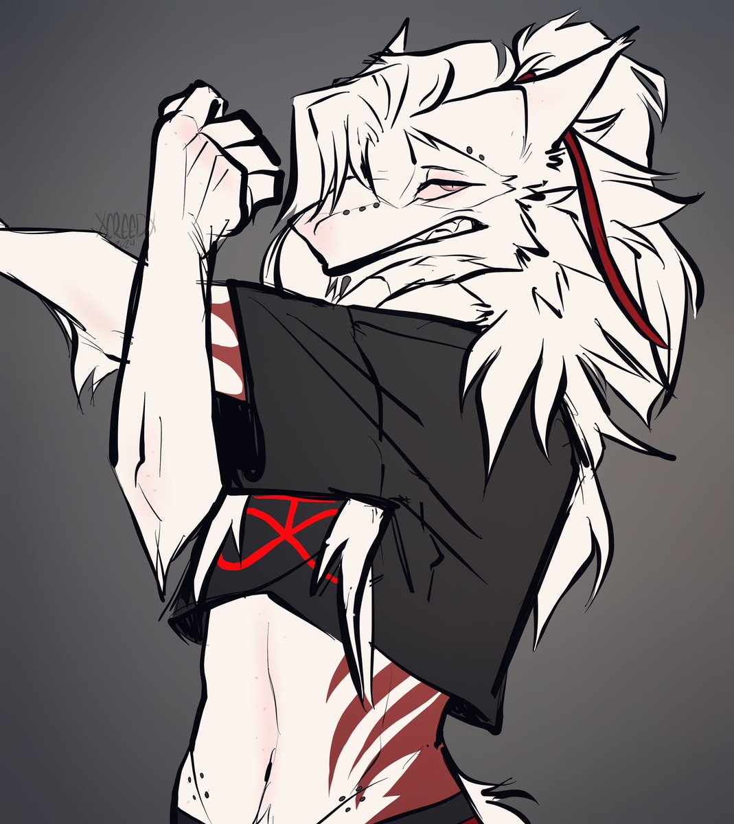 Morning stretches~ 🔪 ⛓️ ⛓️ ⛓️ ⛓️ ⛓️ Hey hey, sorry for the radio silence. Been playing w my art style and I’m starting to get closer to what I’m aiming for ^^ #sergal #sergaloc #furry #fursona #albinosergal