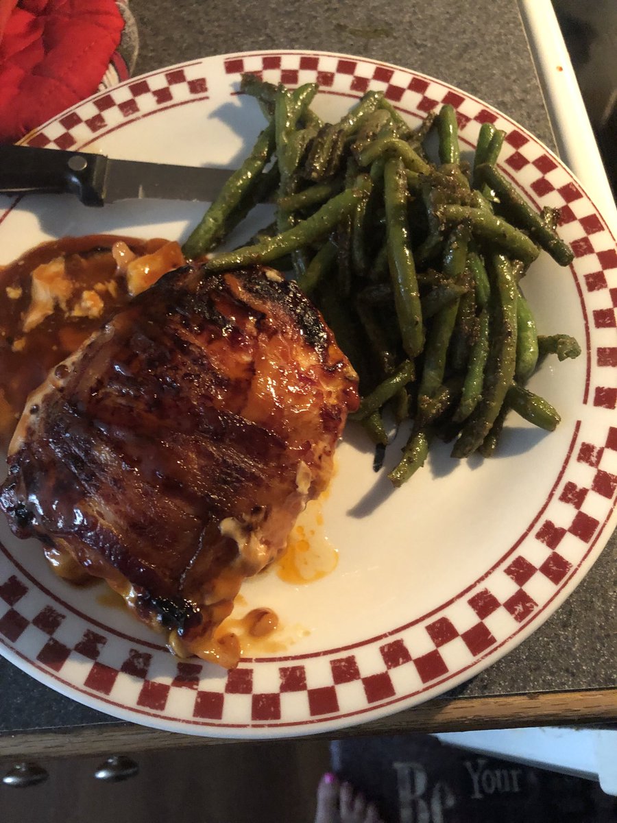 Bacon wrapped Hawaiian Pineapple & Cheese stuffed chicken breast & Green Beans on the side I was craving some good ole home cooking 😋 📸mine now