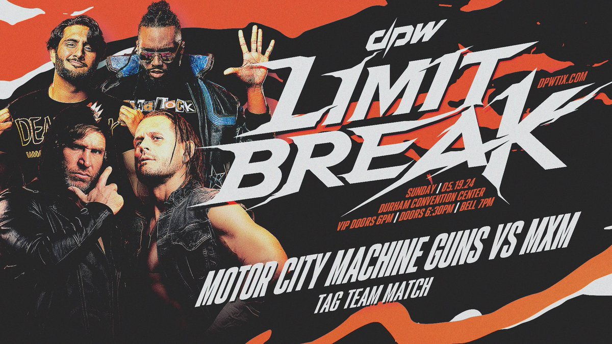 🚨 DPW LB UPDATE 🚨 MOTOR CITY MACHINE GUNS are scheduled to take on MXM in a tag team bout on May 19th in Durham! DPW Limit Break 🗓️ 05/19 | Durham, NC 🎟 dpwtix.com