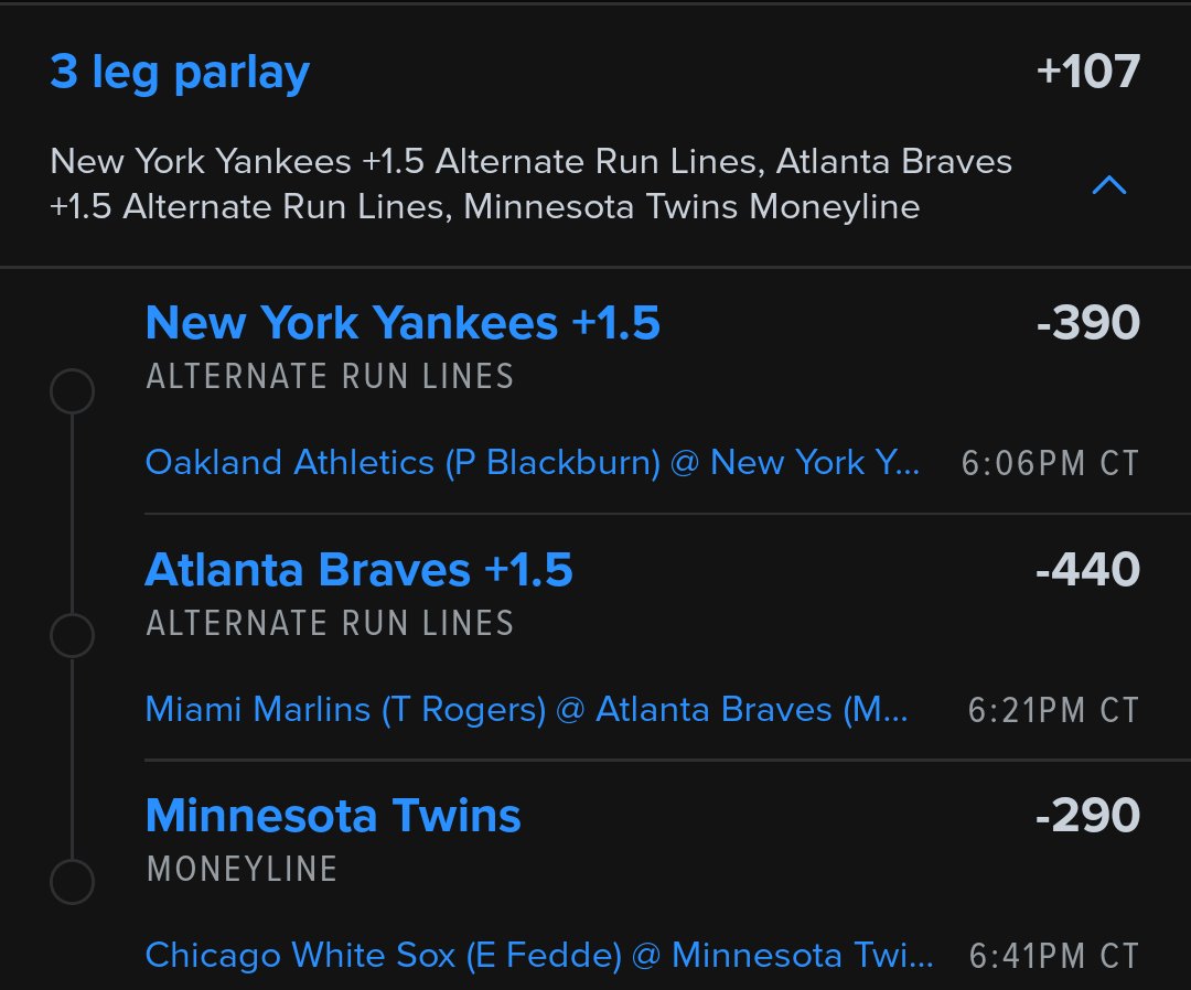 ⭐️⚾️Parlay of the Day⚾️⭐️ 3 Legs Alternate Spread & MoneyLine Bank Roll Builder! +107 Odds Via Fanduel