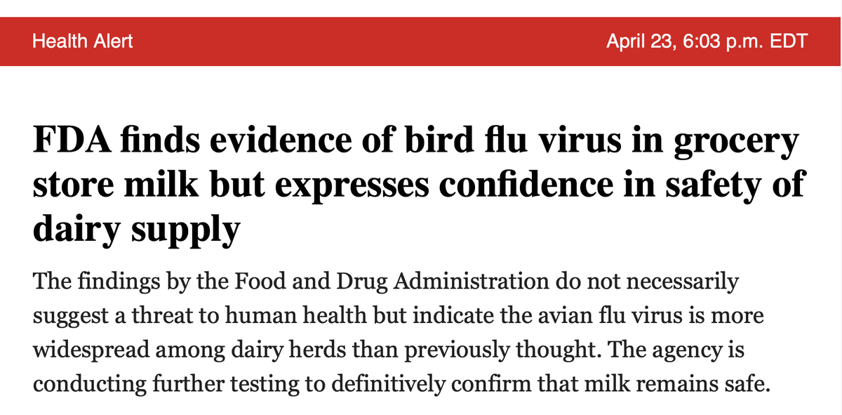 This isn't good, folks. I'm not worried about H5N1 transmission to humans (yet) but the @USDA pathetic lack of transparency, how long it took for the genomes to be released, lack of testing asymptomatic cattle...... All detracts from 'confidence'