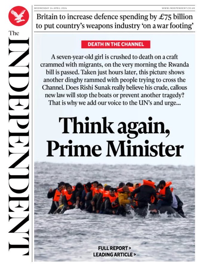 .
Hours after the Rwanda Bill is passed 5 people including a young girl drown crossing the Channel...

The Rwanda plan is not going to work so please think again Rishi Sunak!

PM we need a #GeneralElectionNow!  

#r4today #BBCBreakfast #GMB #KayBurley #PMQs #ToriesOut657
.