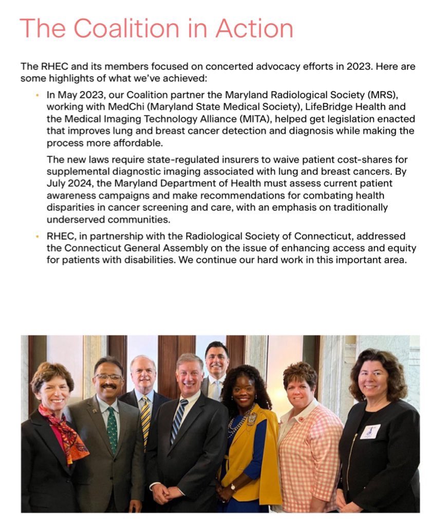 Thank you @RadHealthEqty for covering our work @MarylandRads of @RadiologyACR & @MedChiupdates in 2023 #RadHealthEquity The law @MarylandRads advocated requires state-regulated insurers to waive patient cost-share for supplemental imaging associated w breast and lung cancer.