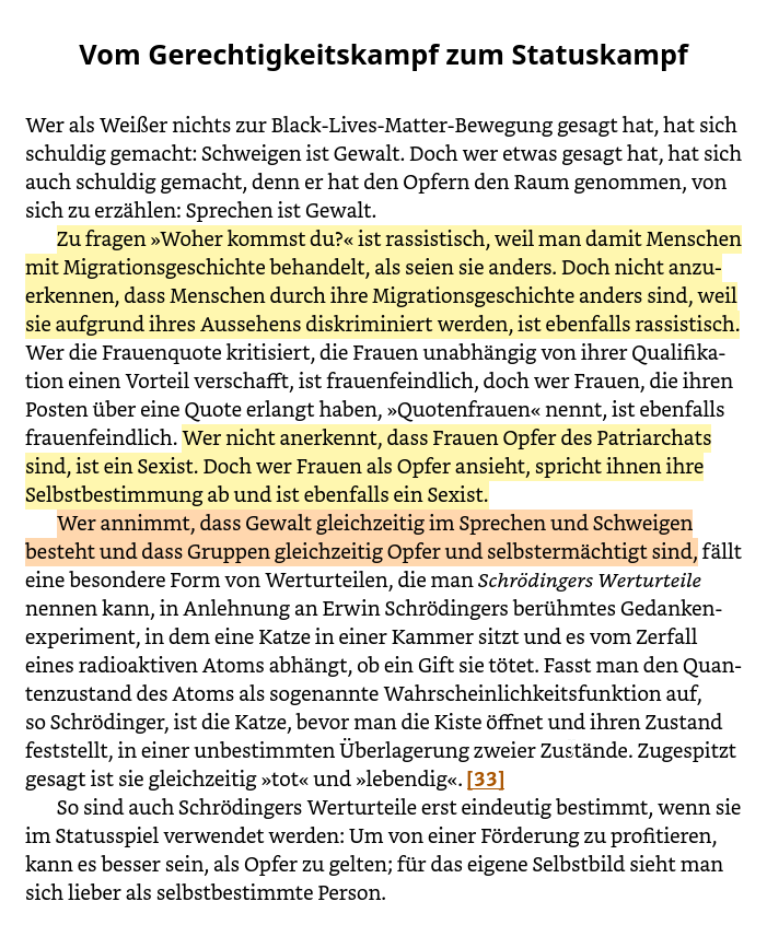 'Um von einer Förderung zu profitieren, kann es besser sein, als Opfer zu gelten; für das eigene Selbstbild sieht man sich lieber als selbstbestimmte Person' Hübl, Philipp. Moralspektakel: Wie die richtige Haltung zum Statussymbol wurde und warum das die Welt nicht besser macht