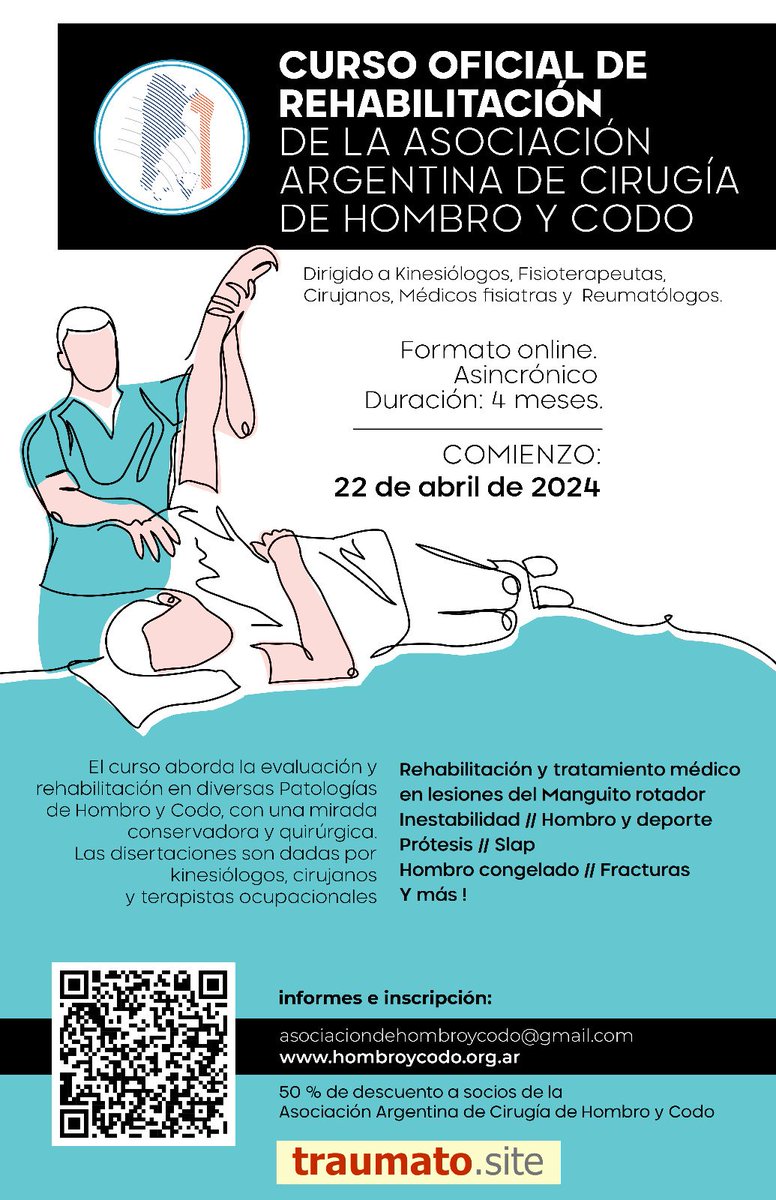 Curso Oficial de rehabilitación de Hombro y Codo AAHyC. Comienza el 22 de abril .
Info e inscripción
hombroycodo.org.ar
traumato.site/es/capacitacio…
#rehabilitacion #hombro #codo #hombroycodoargentina