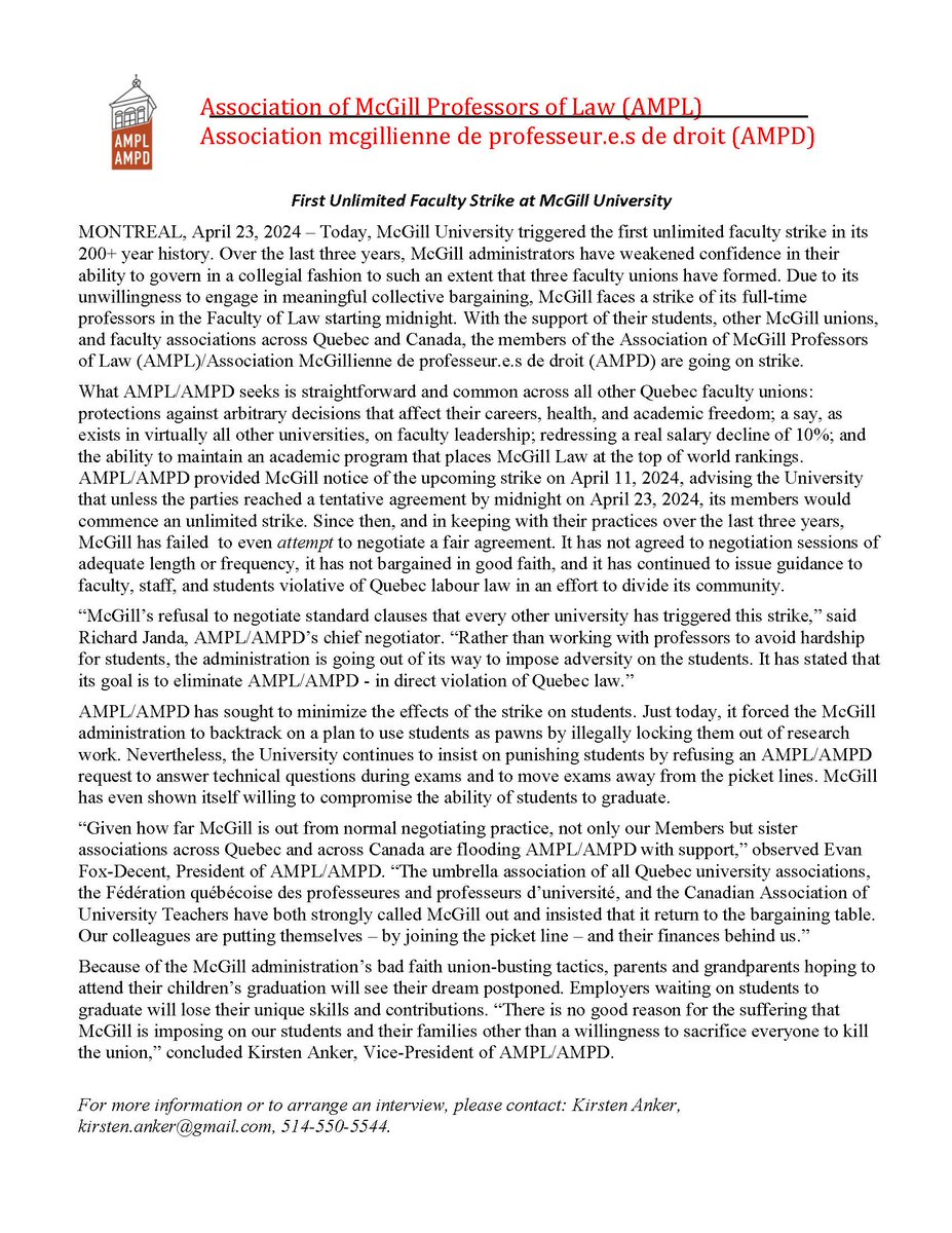 It is official: @mcgillu has pulled the trigger forcing a strike that will inconvenience students, their parents, staff, & the annual meeting of the @acds_clsa that had been scheduled at @lawmcgillu in June. Join us on the picket line. #polqc #solidarity