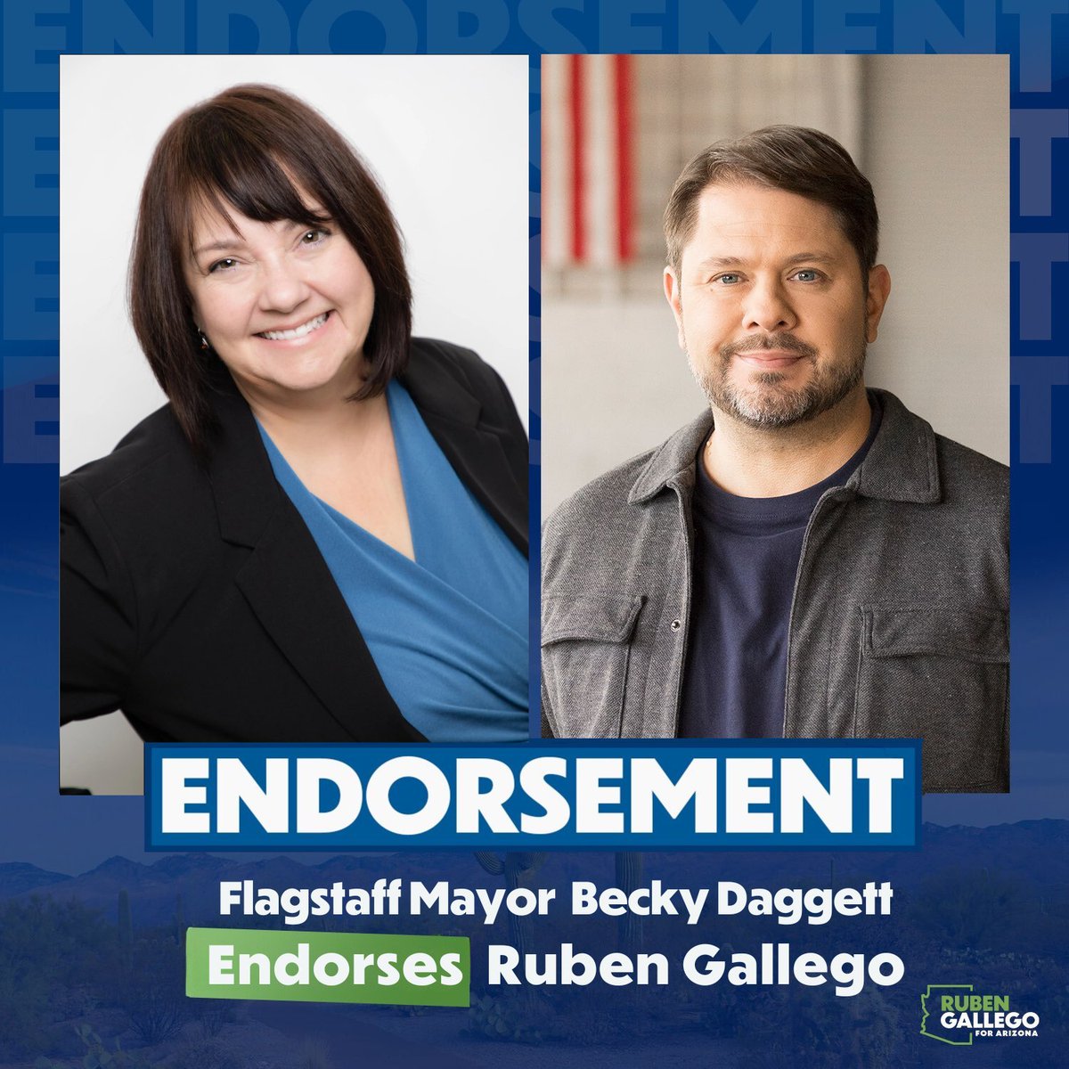 Proud to have Mayor Becky Daggett on Team Gallego! Throughout her time as Mayor, we’ve worked closely on infrastructure projects and ways to combat flooding and wildfires. I’m looking forward to continuing our partnership as Arizona’s next U.S. Senator.