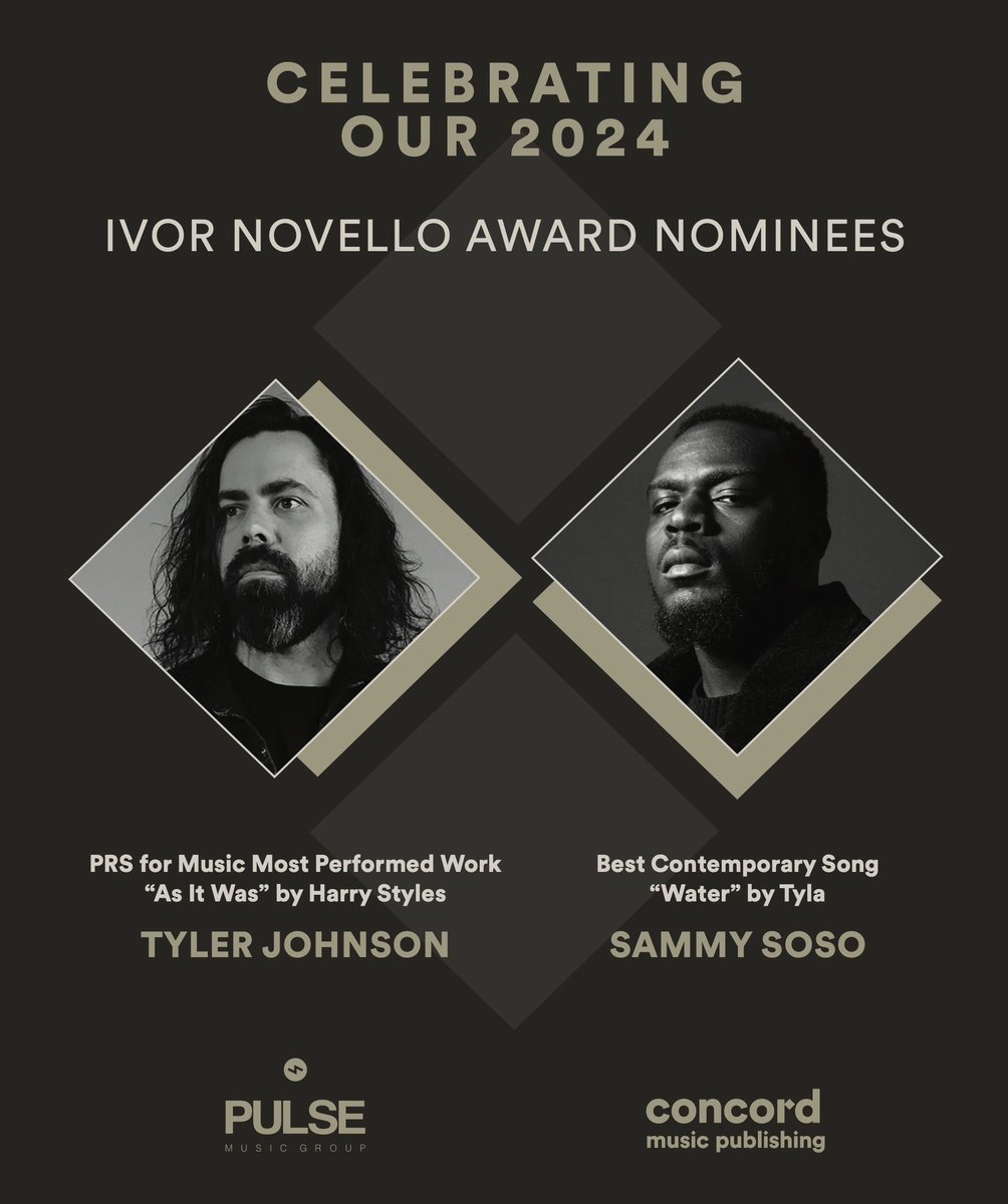 The @ivorsacademy announced their 2024 nominees and @sammy_soso is up for an award for his co-write of @tyla’s “Water.” They honor excellence among UK songwriters. @pulserecording’s @tylersamj who co-wrote “As It Was” by @harrystyles is up for @prsformusic Most Performed Work.