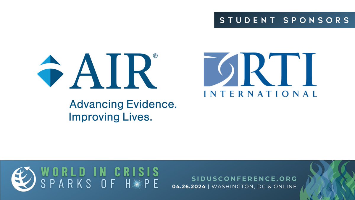 Thank you to our Student Sponsors, @AIRInforms and @RTI_Intl, for their support of the next generation of #internationaldevelopment practitioners!🍎🎓

#SponsorSpotlight
