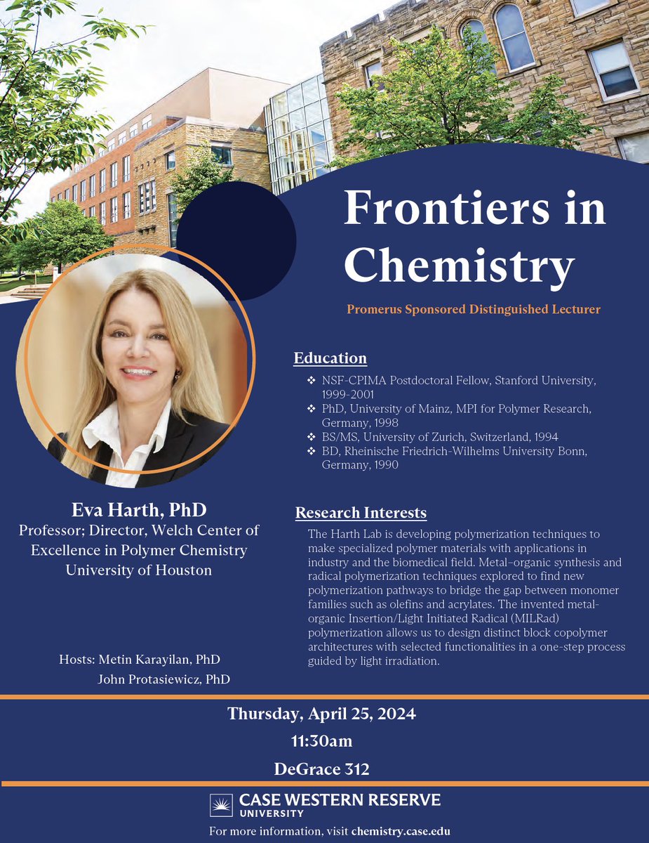 We are excited to host Dr. Eva Harth from @UHouston to give the Frontiers in Chemistry Lecture sponsored by @PromerusLLC on Thursday, 4/25 at 11:30 am in DeGrace 312. @CWRUMacro @CWRUartsci @CaseEngineer