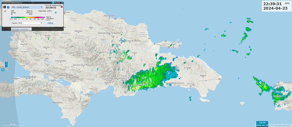 Al anochecer del martes: La imagen del radar mostrando ecos precipitables sobre todo el Gran Santo Domingo.