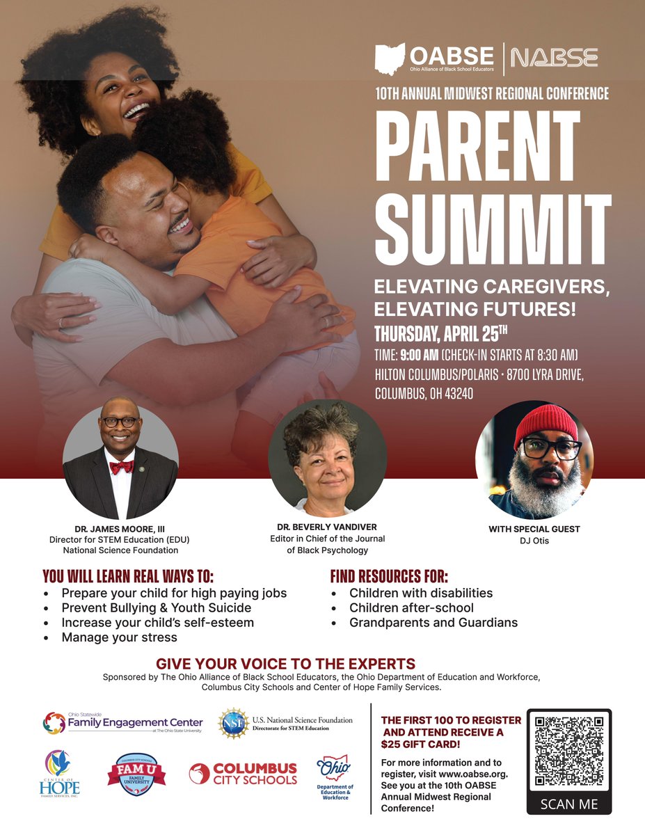 Parents! You're invited to attend the Parent Summit: Elevating Caregivers, Elevating Futures Conference this Thursday, April 25th. Attendees will learn how to prevent bullying and youth suicide, increase self-esteem, manage stress, and more! Learn more at oabse.org