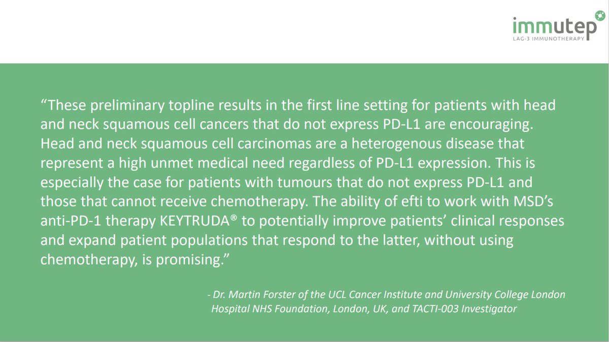 @Immutep announces positive preliminary topline results from our TACTI-003 Phase IIb trial evaluating efti in combination with MSD's KEYTRUDA® in first line metastatic head and neck squamous cell carcinoma patients with negative PD-L1 expression. bit.ly/49PCAnN