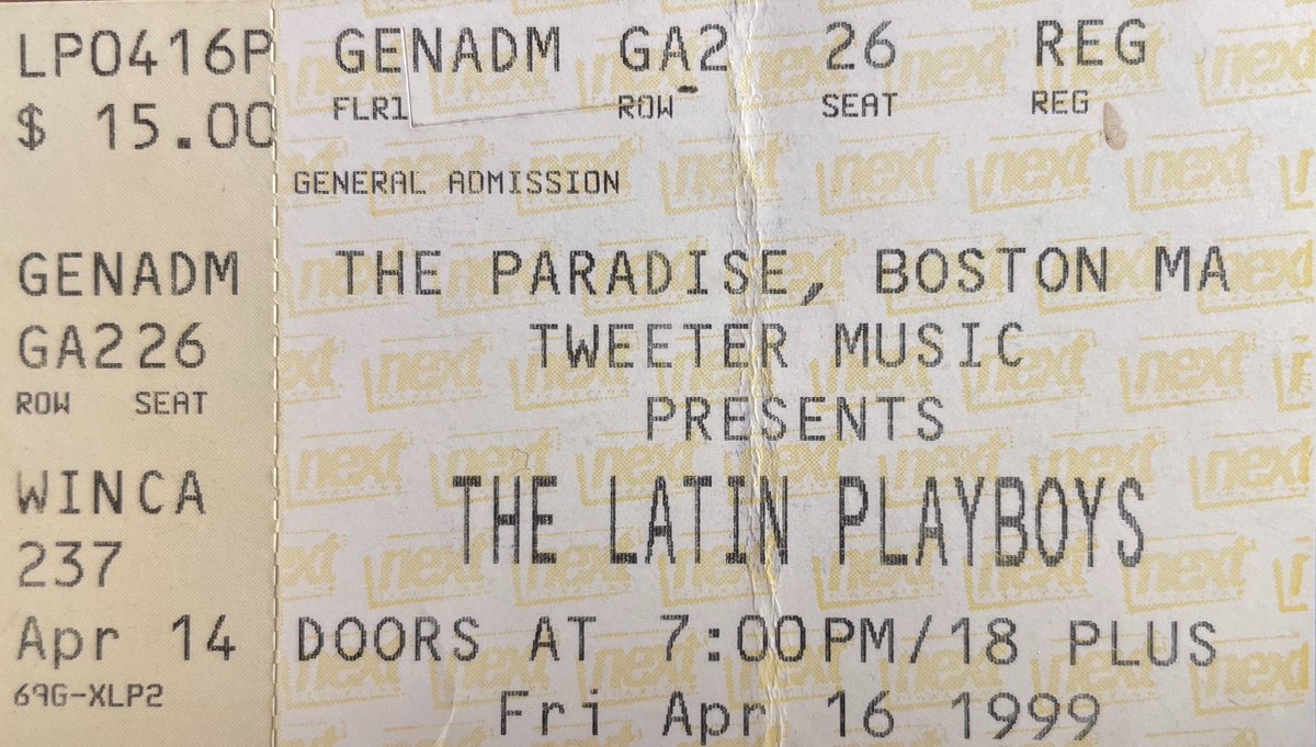 Let's take a trip back to the early 90s when The Latin Playboys, the dynamic quartet of David Hidalgo, Louie Pérez, Mitchell Froom, & Tchad Blake, were making experimental rock magic! Thanks Paul Cirincione for digging up this 1999 stub from a show at The Paradise Rock Club 🎶🎸