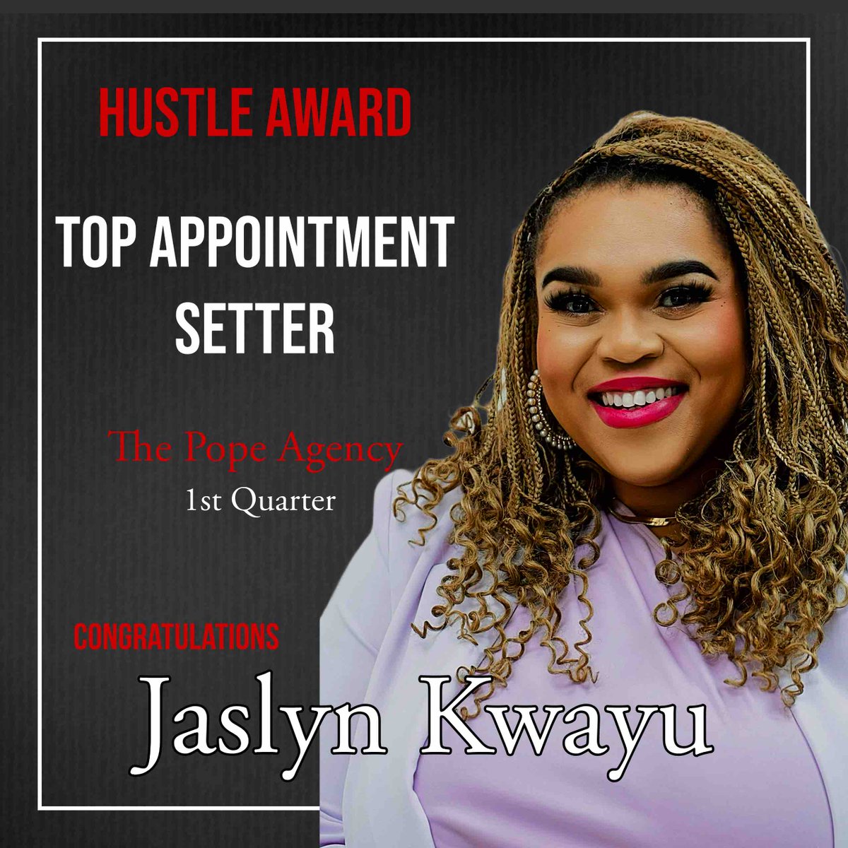 GLpopeagency's tweet photo. Congratulations to our 1st Quarter Hustle Award winners: 

SA Jaslyn Kwayu with the hat trick Top Closer, Presenter &amp; Appointment Setter!🧢🧢🧢

SA Ish Ajose gathered the Most Walk-Ins!!🚶🏽🚶🏽

“The harder we work, the luckier we get.”🔥🔥 https://t.co/stz5SWSTOd