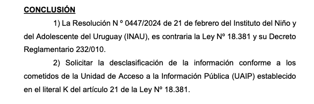 En feb/2024 @inau_oficial resolvió que todas sus resoluciones sean reservadas, atentando contra la transparencia del organismo. Luego de consultas, la UAIP se expidió y concluyó que la resolución es ilegal y solicita a INAU que desclasifique la información.