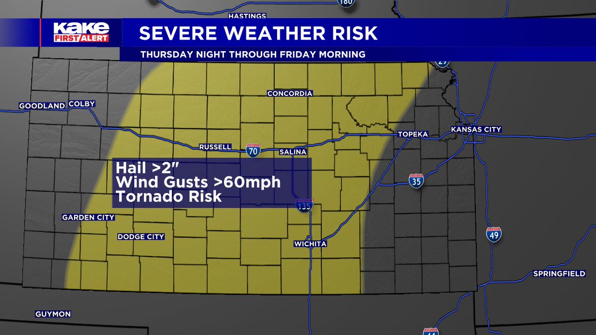 KAKE Weather Alert Day: Thursday has the potential for severe storms, including the risk of tornadoes, beginning early Thursday evening. I'll have timing details on @KAKEnews at 6 and 6:30pm this evening. #KSwx