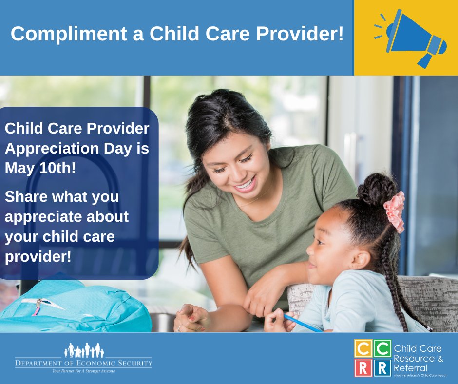 ArizonaDES's tweet photo. May 10 is Child Care Provider Appreciation Day, an opportunity to celebrate our special child care professionals! Send a shout-out and words of gratitude about your favorite child care provider through our survey: https://t.co/guSSiN4LgC #childcareproviderappreciationday https://t.co/lCaYxvBHse