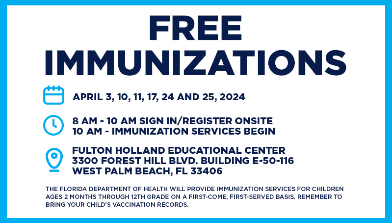 📌 HAPPENING TOMORROW! Free immunizations will be available at the School District Welcome Center on Wednesday, April 24, beginning at 8 a.m. Immunizations are available for children ages 2 months through 12th grade. For more information, visit: palmbeachschools.org/Immunizations