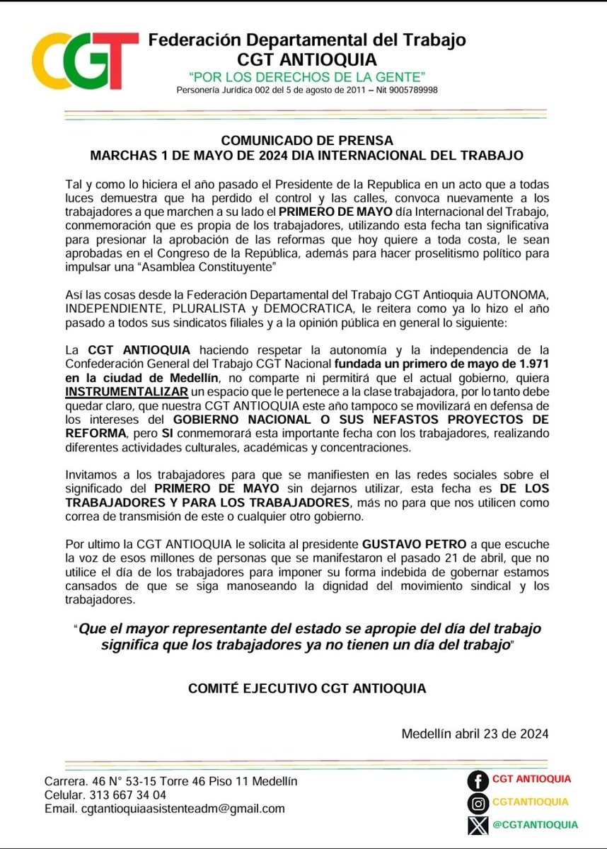 La CGT Antioquia envía un contundente mensaje de desaprobación al oportunista y mentecato @petrogustavo ! 'Que el mayor representante del estado se apropie del día del trabajo significa que los trabajadores ya no tienen un día del trabajo'