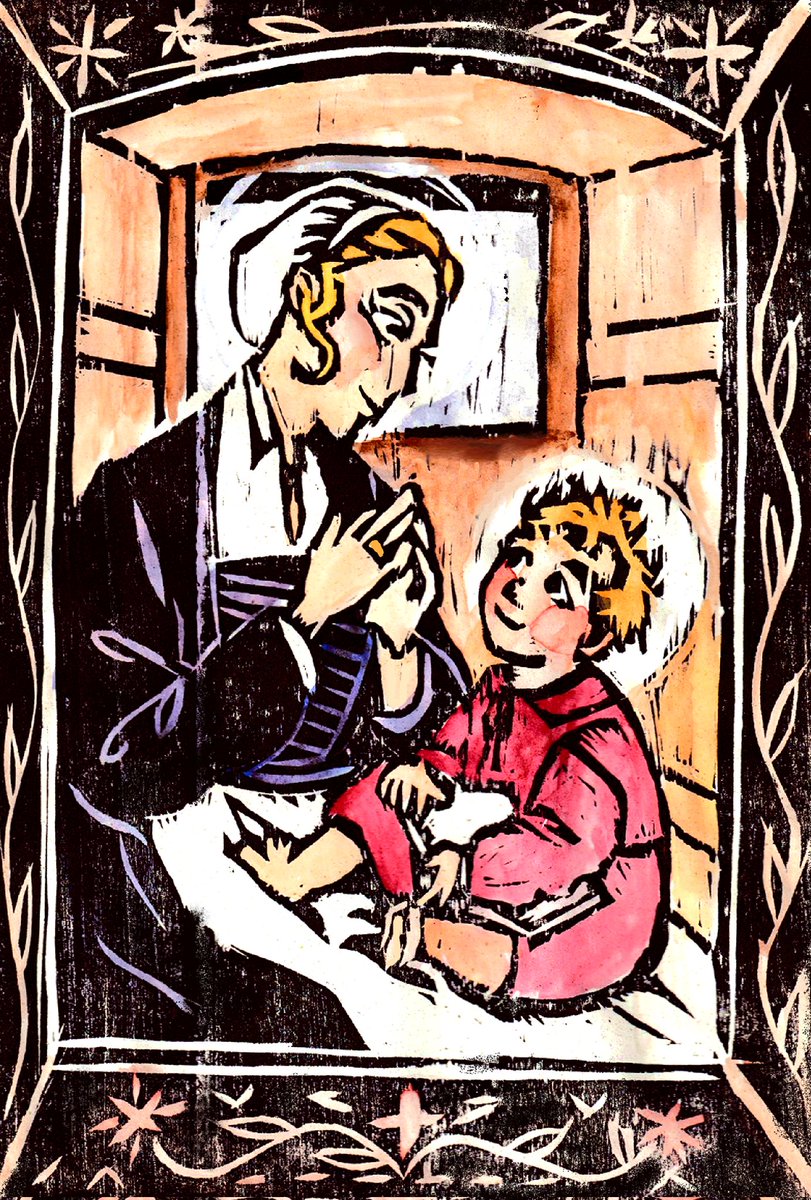 Happy to present my full piece from the <a href="/PalimpsestZine/">Palimpsest: A Pentiment Zine</a> -- a take on a Botticelli from the museum I used to work at. Hand carved woodcut and hand tinted with watercolor. Please take a look, everyone did a wonderful job!