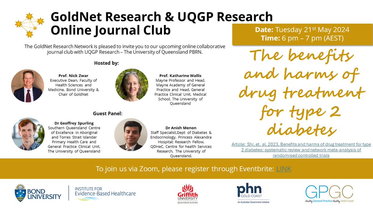 Want to hear about the latest evidence on drug treatment for #type2diabetes ? Join us for our next online journal club in collaboration with UQGP Research on Tues 21 May 6-7pm (AEST) via Zoom. To Register: tinyurl.com/36c8nan5