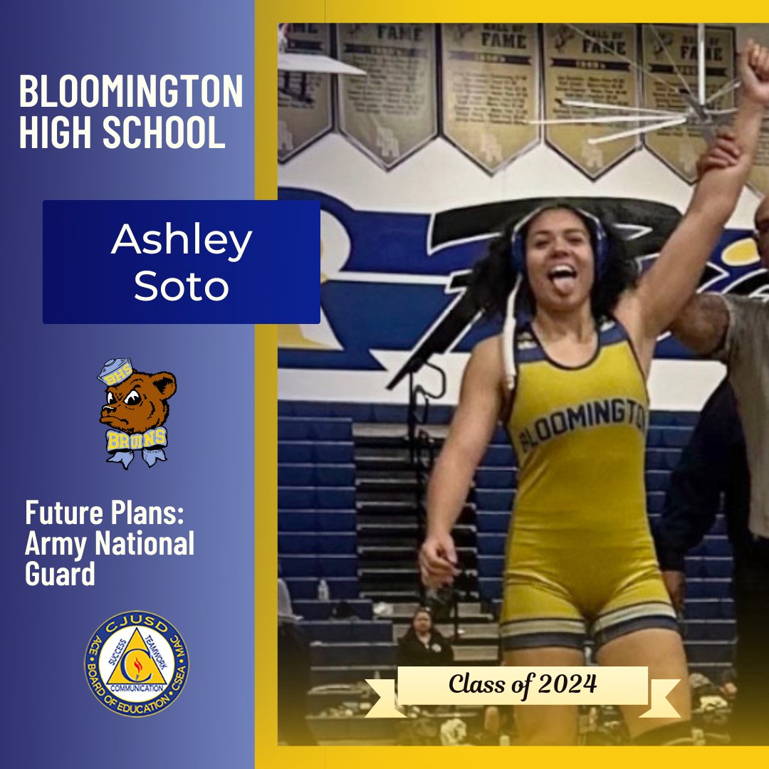 ColtonJUSD's tweet photo. Congrats to Bloomington HS senior Ashley Soto, who plans to join the Army National Guard on an 8-year contract! We wish you all the best! #CJUSDCares  #BHS #BHSForSuccess
Seniors, to be featured in our #CJUSD Class of 2024 Spotlight, fill out the form at https://t.co/JI2QGhWalC https://t.co/37VVwk6wwk