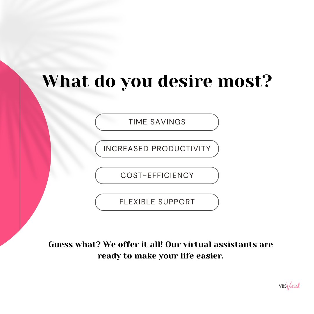 Time, productivity, cost-efficiency – desire it, and we'll deliver it! 💼 VBS is your gateway to flexible support that adapts to your needs. #TimeSaver #EfficiencyExpert #VBSVirtual