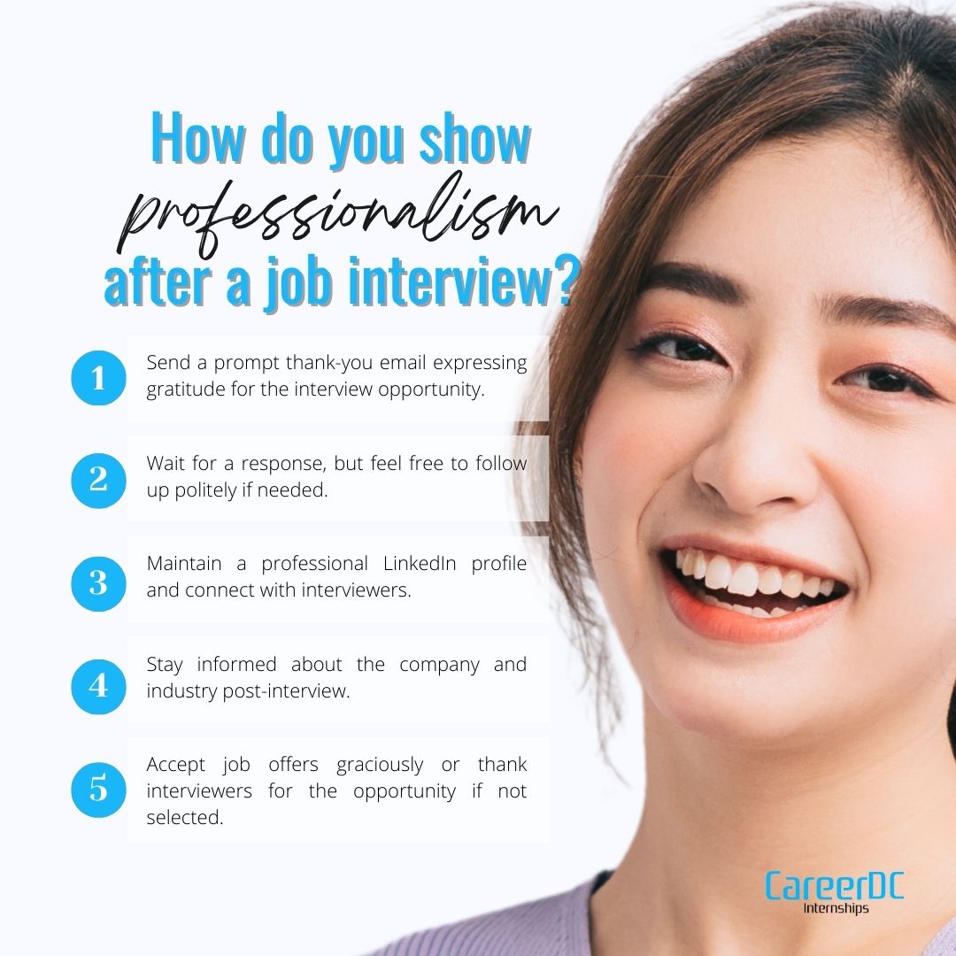 Once you've nailed your job interview, it's important to uphold professionalism to leave a lasting positive impression. Here's how you can do it: 👇

#internship #careerdc #internshipopportunity #workexperience #studyinaustralia #jobinterviewtips #interviewtips #interview