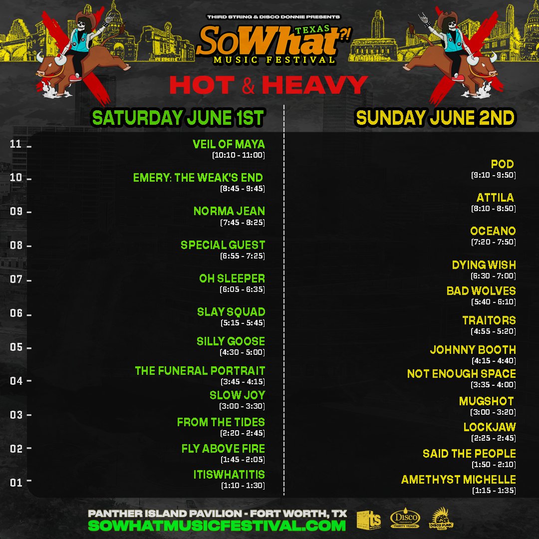 What better way to start the week than with rolling out stage set times? Excited to announce the Hot and Heavy set times 🔥

Turn on your post notifs to be notified when we post the rest of the stages! 👀

sowhatmusicfestival.com