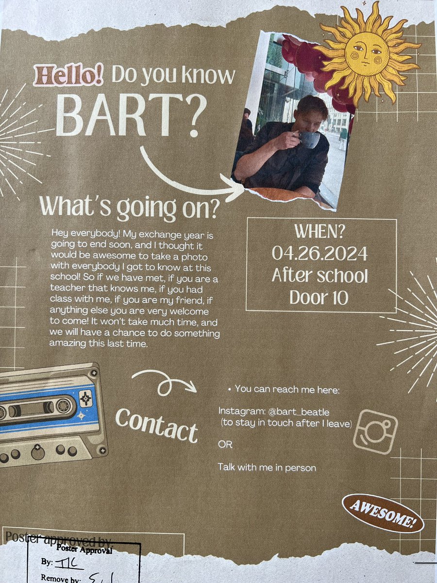 Not really 2MinuteMusic related, but this is too cool to not share. Bart is a foreign exchange student who has taken things to a totally elevated level. Please consider joining him this Friday after school. 

We will be there!!!