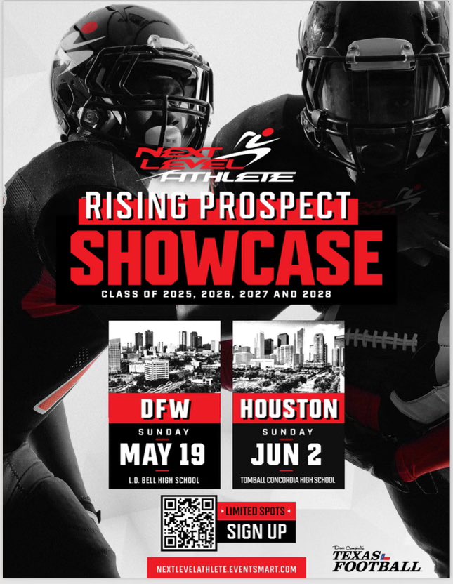 Registration for our Rising Prospect Showcases are now live! May 19: DFW-L.D. Bell June 2: Houston-Tomball Concordia Nextlevelathlete.eventsmart.com #TXHSFB #NextLevelAthlete