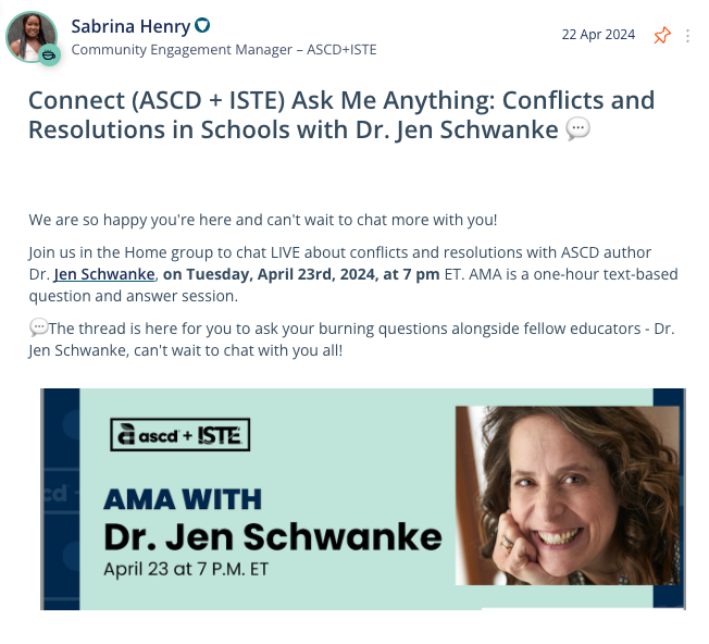 🚨 Happening now! Ask me anything with #ASCD author @JenSchwanke on the new @ASCD and @ISTEofficial platform, Connect - it's free to join! Come ask any question you might have about conflict resolution! 💻bit.ly/AMAjen