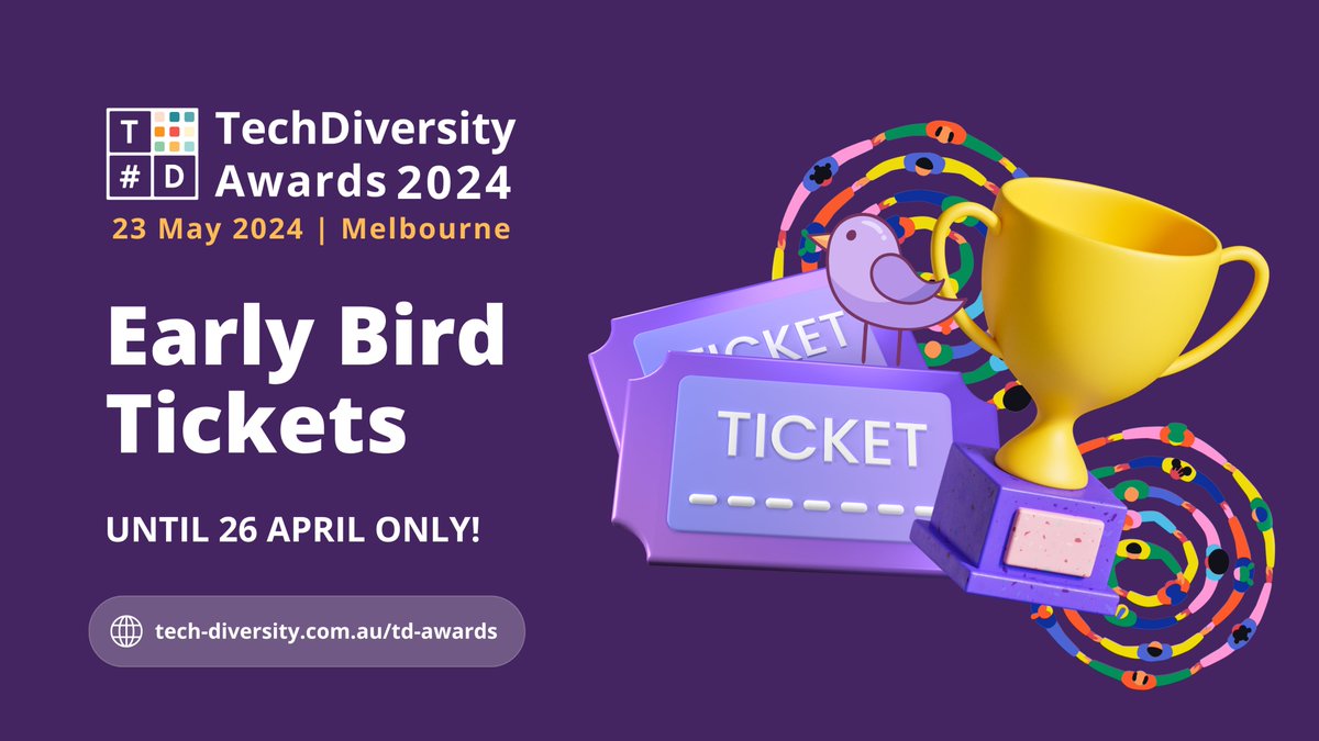 🌟 Seize the opportunity before it slips away! Early Bird Tickets are flying off the shelves and will only be available until April 26th. Secure your spot now and be part of a transformative experience that's shaping the future of workforces and community. tech-diversity.com.au/td-awards/