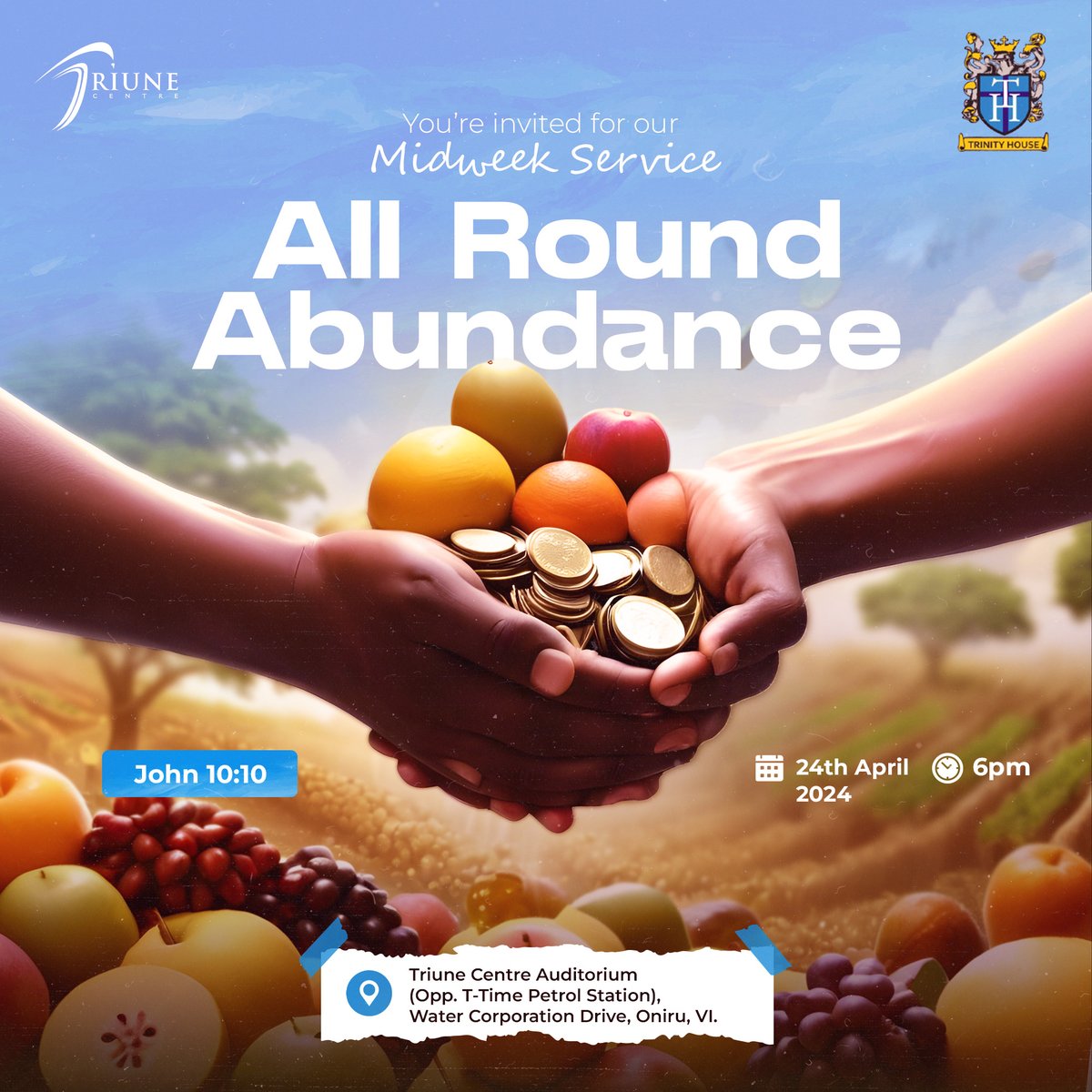 TriuneCentre's tweet photo. The provision of the Lord knows no bounds! His promise to meet all our needs from His glorious riches invites us into a realm of ‘All Round Abundance.’ 

Date: April 24th, 2024
Time: 6pm
Venue: Triune Centre, VI https://t.co/URfQqkK0ho